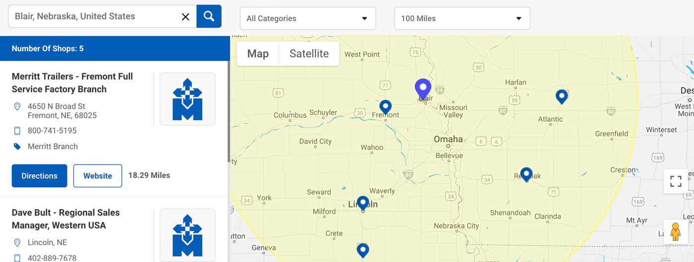 Screenshot of dealer locator map searching within 100 miles of Blair, Nebraska